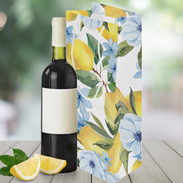 Süßes Wasserfarben Lemon & Blume Weinbeutel Geschenktüte Für Weinflaschen (Trendy Sweet Watercolor Lemon & Flower Wine Gift Bag in Dusty Slate Blue.)