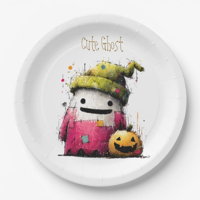 Süßes Wasserfarben-Patchwork-Geister-Halloween Pappteller (Vorderseite)