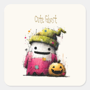 Süßes Wasserfarben-Patchwork-Geister-Halloween Quadratischer Aufkleber