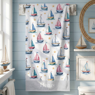 Süßes Wasserfarben-Segelschiff & Name Kinder Badehandtuch