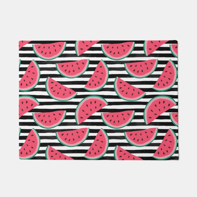 Süßes Wassermelon auf Streifen Schwarz-Weiß-Muster Fußmatte (Vorderseite)