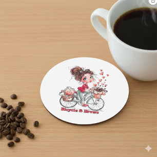 Süßes Watercolor-Mädchen auf Fahrrad-Kaffeekoster  Getränkeuntersetzer