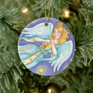 Süßes Weihnachten, Engel-Musikerin spielt ihr Horn Keramik Ornament