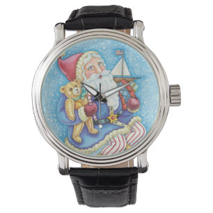 Süßes Weihnachten, Weihnachtsmann auf Schneeball m Armbanduhr