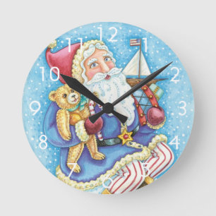 Süßes Weihnachten, Weihnachtsmann auf Schneeball m Runde Wanduhr