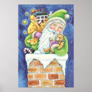 Süßes Weihnachten, Weihnachtsmann im Schornstein m Poster