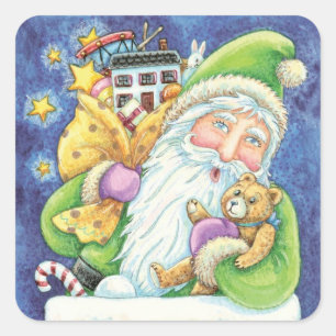 Süßes Weihnachten, Weihnachtsmann im Schornstein m Quadratischer Aufkleber