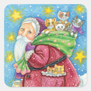 Süßes Weihnachten, Weihnachtsmann mit Kätzchen und Quadratischer Aufkleber