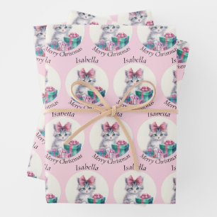 Süßes Weihnachts-Kätzchen Große Rosa Schleife Name Geschenkpapier Set