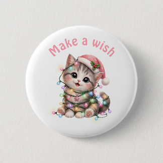 Süßes Weihnachts-Kätzchen in Lichterkette | Kawaii Button