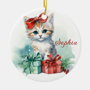 Süßes Weihnachts-Kätzchen mit Geschenken Weihnacht Keramik Ornament