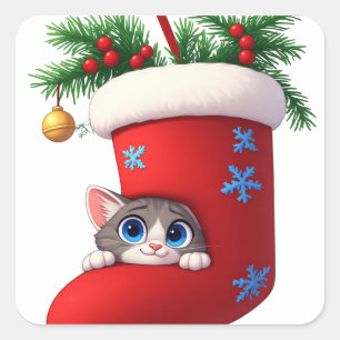 🎄 Süßes Weihnachts-Kätzchen versteckt sich in Str Quadratischer Aufkleber