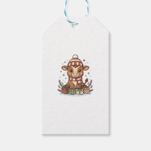 Süßes Weihnachtskalb mit Geschenken Vintage Vektor Geschenkanhänger
