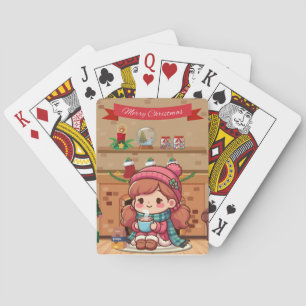 Süßes Weihnachtsmädchen mit Kakao Spielkarten
