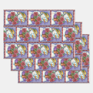 Süßes Weihnachtsmädchen Schneemann mit Poinsettie Geschenkpapier Set