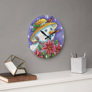 Süßes Weihnachtsmädchen Schneemann mit Poinsettie Große Wanduhr