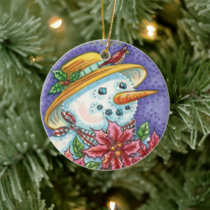 Süßes Weihnachtsmädchen Schneemann mit Poinsettie Keramik Ornament