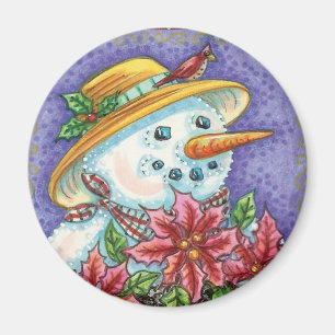 Süßes Weihnachtsmädchen Schneemann mit Poinsettie Magnet