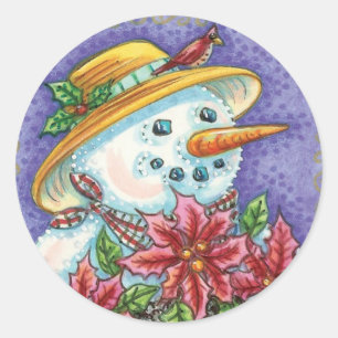 Süßes Weihnachtsmädchen Schneemann mit Poinsettie Runder Aufkleber