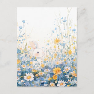 Süßes Weißes Kaninchen auf der Blauen Gänseblümche Postkarte