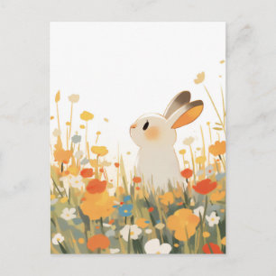 Süßes weißes Kaninchen auf einer sonnigen Wildblum Postkarte