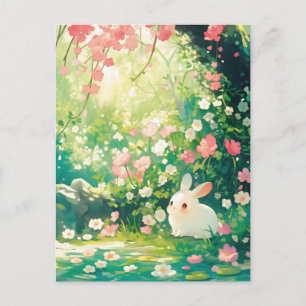 Süßes weißes Kaninchen im sonnendurchfluteten Kirs Postkarte
