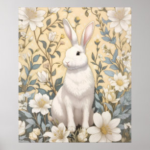 Süßes Weißes Kaninchen Pastellgelbe Blumen Poster