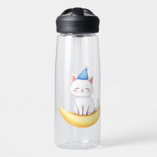 Süßes weißes Kätzchen auf Mond Wasserflasche Trinkflasche