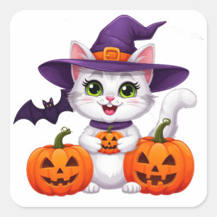 Süßes weißes Kätzchen Kürbis Halloween Hexenhut 🎃 Quadratischer Aufkleber