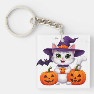 Süßes weißes Kätzchen Kürbis Halloween Hexenhut 🎃 Schlüsselanhänger