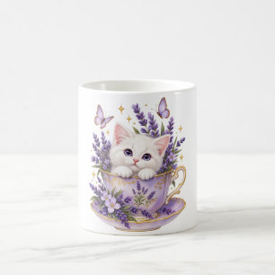 Süßes weißes Kätzchen Lavendel Teetassen-Katze Lie Kaffeetasse