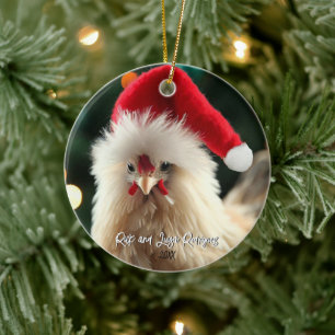Süßes weißes Silkie-Huhn mit Weihnachtsmannmütze z Keramik Ornament