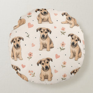 Süßes Welpen-Hunde-Blumenmuster mit Herzen Rundes Kissen