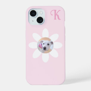 Süßes Welpenhund-Foto rosa Blumen Mädchen-Initial iPhone 15 Hülle