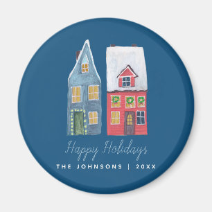 Süßes Winterhaus Dorf Blaue Weihnachten Magnet