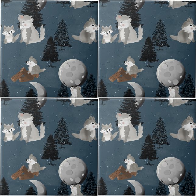 Süßes Wolfspack Wald Nacht Himmel Mond Fliese (Cute Wolf Pack Woodland Night Sky Moon Ceramic Tile)