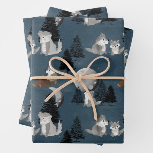 Süßes Wolfsrudel Wald Nacht Himmel Mond Geschenkpapier Set