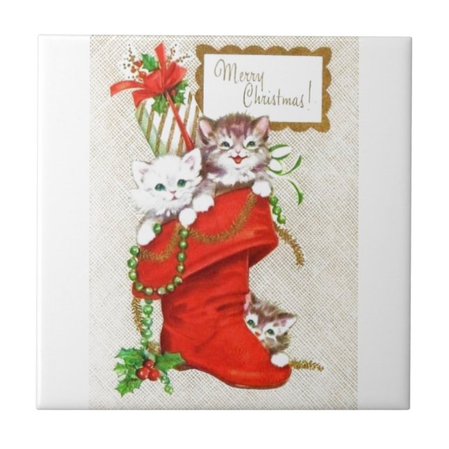 Süßeste Vintage Weihnachtskätzchen Fliese (Vorderseite)