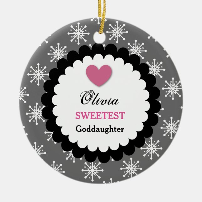 Süßestes Patenttochter-Silber-weiße Schneeflocken Keramik Ornament (Vorne)