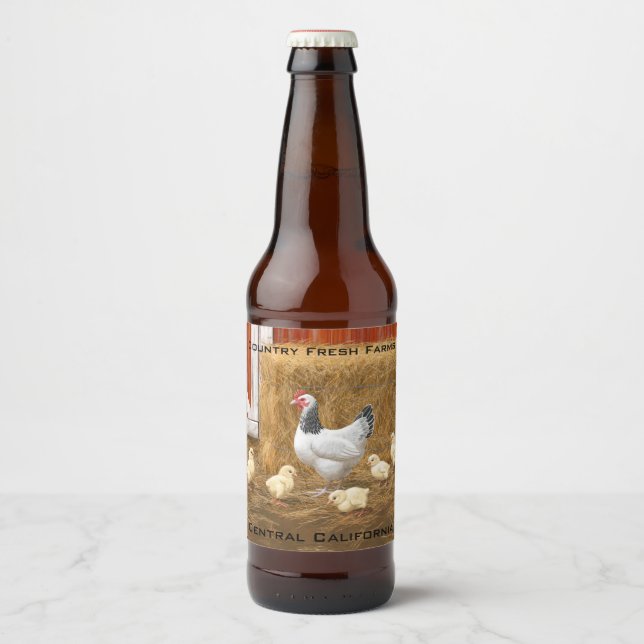 Sussex Chicken Mama Hen und Chicks Bierflaschenetikett (Vorderseite)