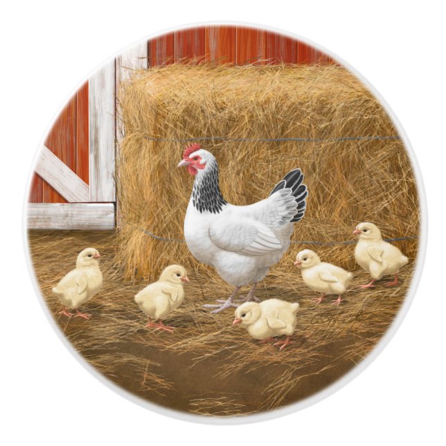 Sussex Chicken Mama Hen und Chicks Keramikknauf (Vorderseite)
