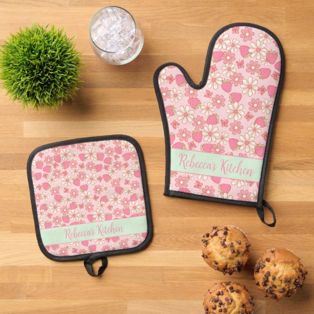 Süßfrühlingstrawberries Personalisiert Ofenhandschuh & Topflappen-Set (Oben Unten)