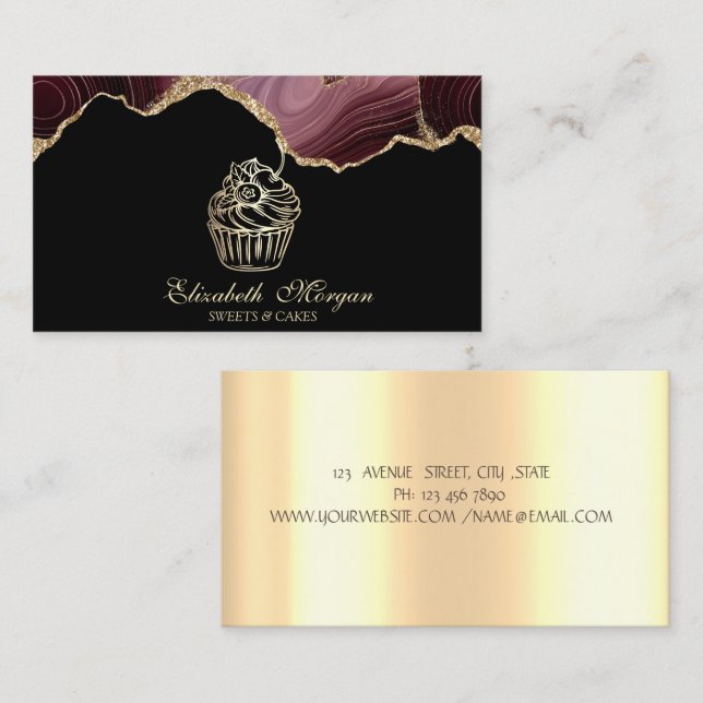 Süßigkeiten Cupcake Gold Tropfen Bäckerei Burgund  Visitenkarte (Vorne/Hinten)