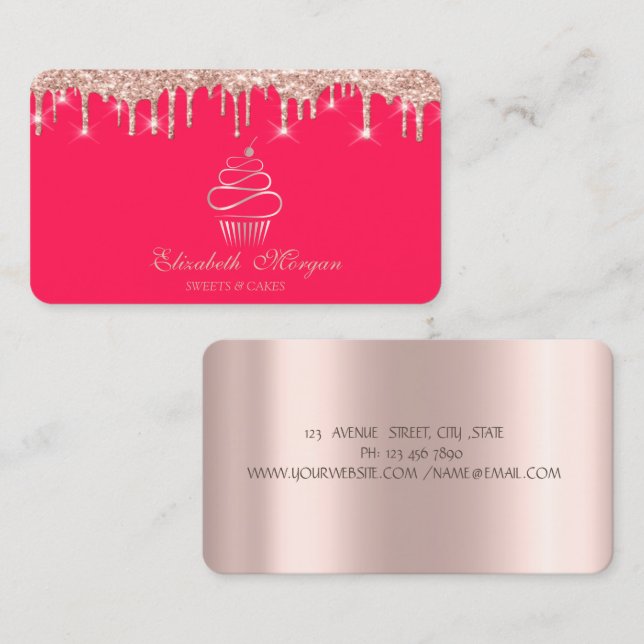 Süßigkeiten Cupcake Rose Gold Tropfen Rot Visitenkarte (Vorne/Hinten)