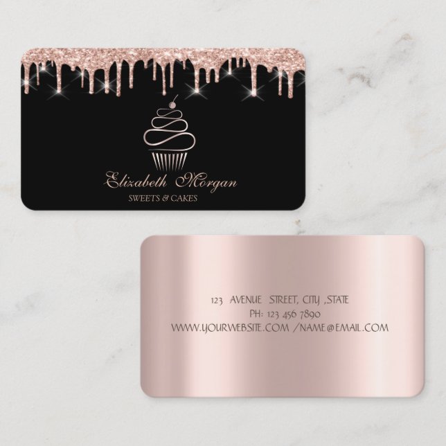 Süßigkeiten Cupcake Rose Gold Tropfen Schwarz Visitenkarte (Vorne/Hinten)