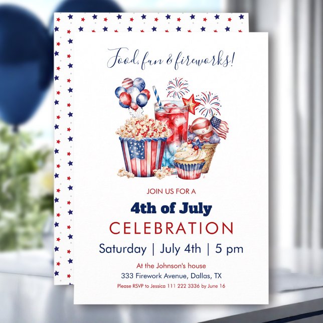 Süßigkeiten & Feuerwerke 4. Juli Patriotisches Par Einladung (Sweets & Fireworks 4th of July Patriotic Party Invitation)