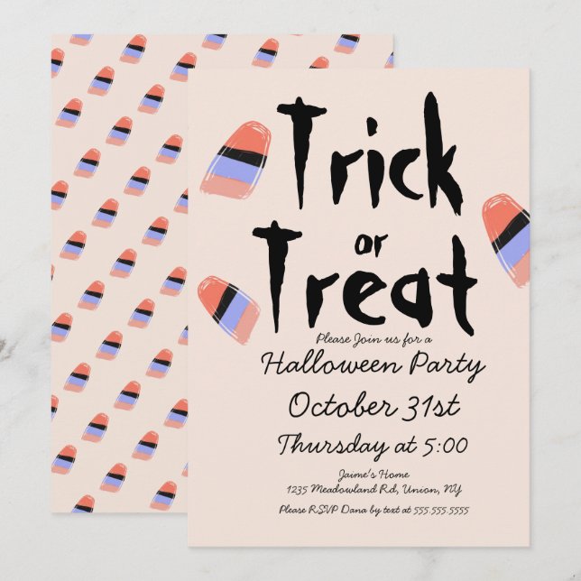 Süßigkeiten-Kostüm-Skizze zum Trick or Treat Einladung (Vorne/Hinten)