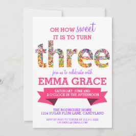 Süßigkeits-Thema-besprüht 3. Geburtstags-Party Einladung