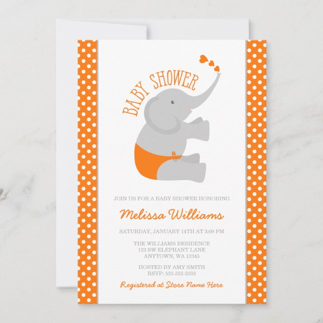 Süßorange-graue Elefant-Babyparty-Einladungen Einladung (Vorderseite)