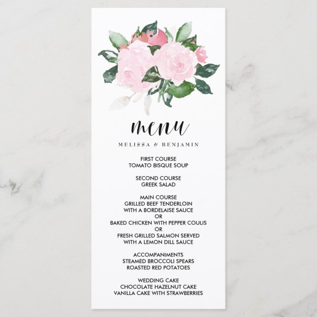 Süßrosa Rose Hochzeitsmenü Menükarte (Vorderseite)